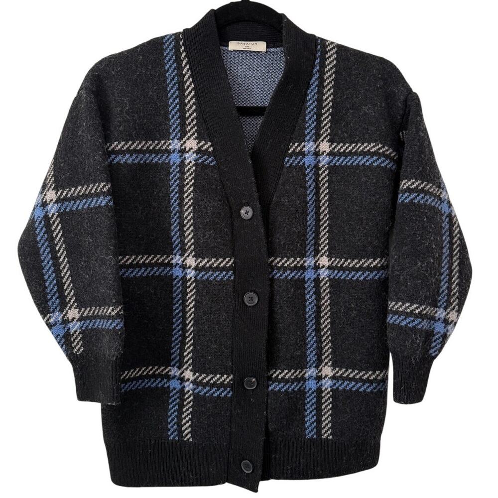 Babaton Black Plaid Quarter Sleeve Merino Wool Cardigan 2XS Preppy Academia 90s